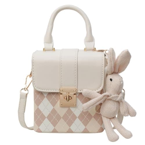 RTGGSEL Quilted Lattice Shoulder Bag for Women with Bunny Pendant — Beige Quilted