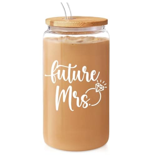 Future Mrs Glass Coffee Cup with Bamboo Lid and Straw - Bridal Shower Gift for Bride-to-be