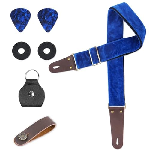 QIELIZI Adjustable Guitar Strap with 2 Locks, 2 Picks, Pick Holder & Leather Button — 1-velvet Blue