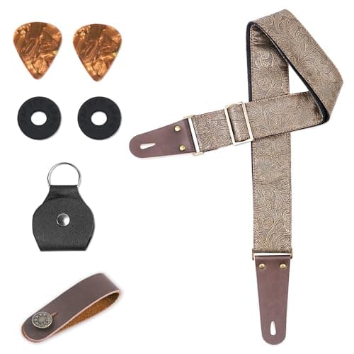 Lizimandu Adjustable Guitar Strap with 2 Locks & 4 Picks - Leather Ends - Suitable for Acoustic & Electric Guitars — 1-carving Gold