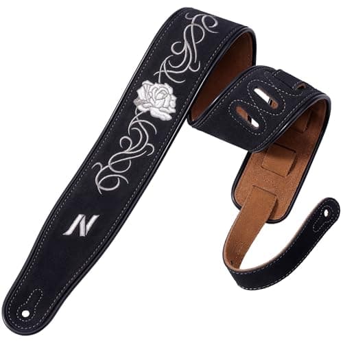 Nefelibata Golden Sun Double Layer Cowhide Guitar Strap, Foam Padded, 2.7" Wide — Black