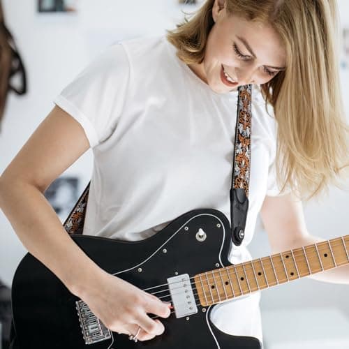 Floral Jacquard Embroidered Guitar Strap for Electric and Acoustic Guitars