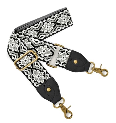 Adjustable Embroidery Guitar Style Bag Strap — Black Leather-31