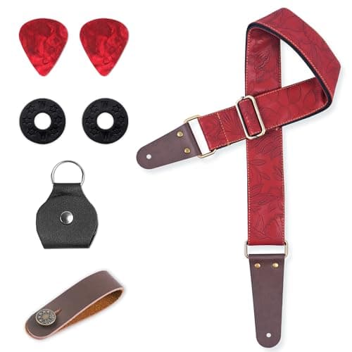 Adjustable Guitar Strap with 2 Locks, 2 Picks, Pick Holder & Leather Button — 1-carved Dark Red