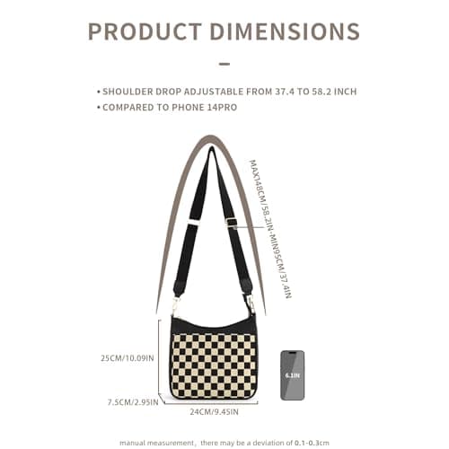 Sunbuti Women's Checkered Quilted Seam Vegan Leather Shoulder Bag with Embroilled Strap