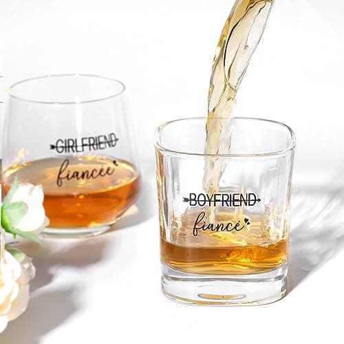Engagement Gifts for Couples - Wine and Whiskey Glass Set, Socks, Candle, Greeting Card