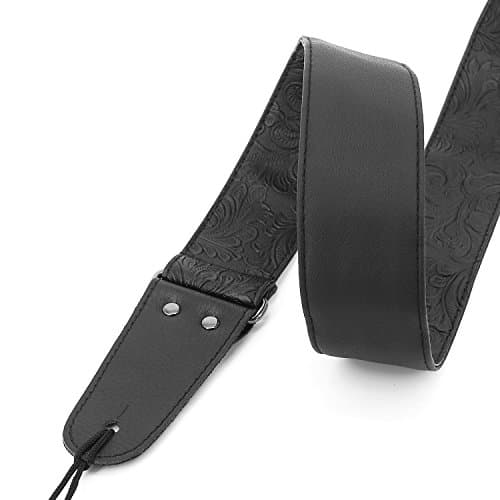 Vintage Black Leather Guitar Strap - PU Western 60's Retro, Genuine Ends, Bass Compatible