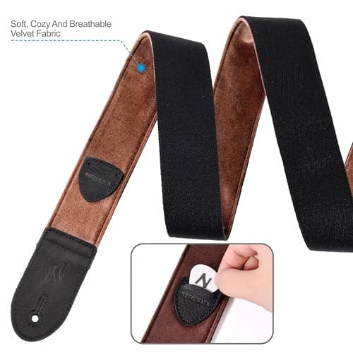 Nefelibata Vintage Velvet Guitar Strap with Leather Ends & Bonus Accessories (Coffee Brown)