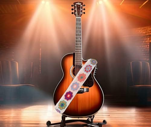 Beige Crochet Flower Guitar Strap for Acoustic, Bass, Electric (2" Wide)