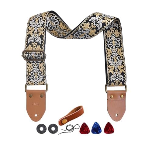 Yellow Flower Jacquard Weave Acoustic Bass Guitar Strap with 2 Locks + 3 Picks — Yellow+white
