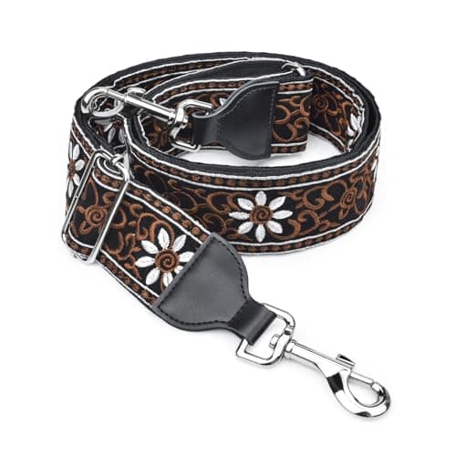 CloudMusic Handbag Crossbody Strap with Silver Clips — White Flowers With Brown