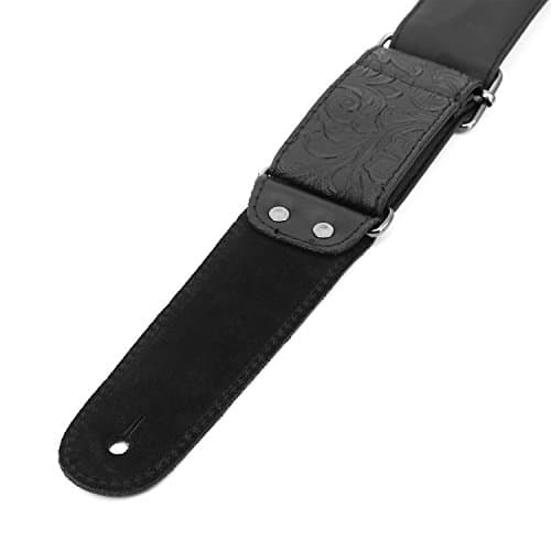 Vintage Black Leather Guitar Strap - PU Western 60's Retro, Genuine Ends, Bass Compatible