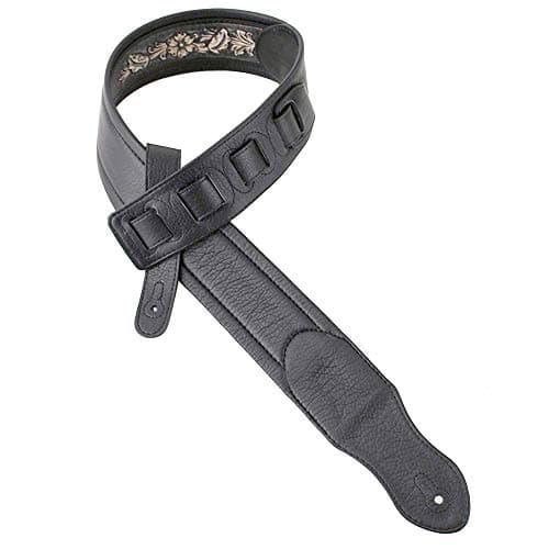 Walker and Williams KB-02-BLK Distressed Black Floral Skull Leather Guitar Strap
