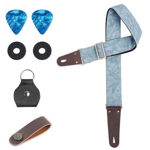 Adjustable Guitar Strap with 2 Locks, 2 Picks, Pick Holder & Leather Button — 1-carved Light Blue