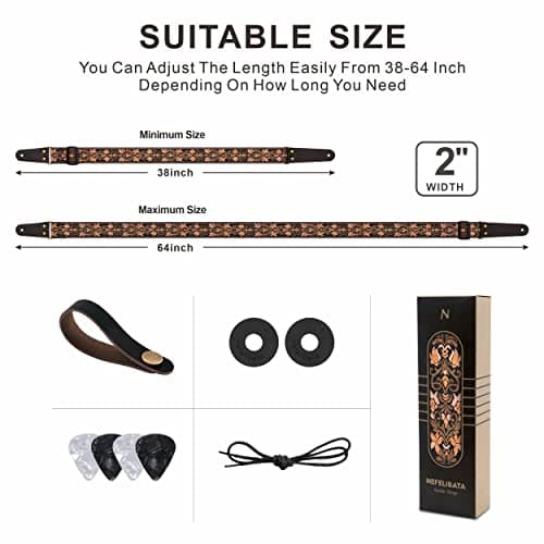 Nefelibata 2" Jacquard Embroidery Guitar Strap, Full Grain Leather Ends, Hidden Pocket, Bass, Electric & Acoustic Guitar