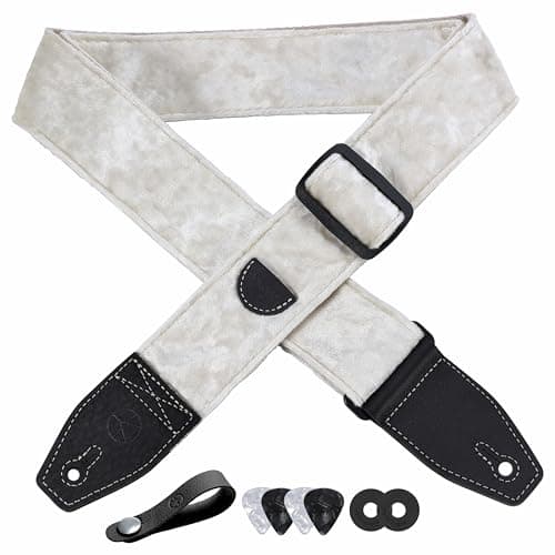 2 Inch Velvet Guitar Strap with Full Grain Leather Ends - Bass, Electric & Acoustic Compatible — White