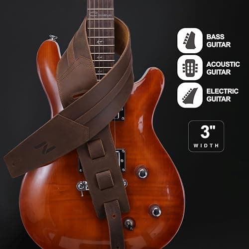 Nefelibata 3 Guitar Strap, Full Grain Leather, 57 Long with Foam Padding for Bass, Electric and Acoustic Guitars