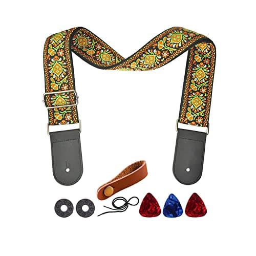 Yellow Flower Jacquard Weave Acoustic Bass Guitar Strap with 2 Locks + 3 Picks