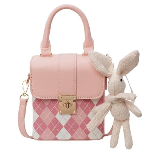 RTGGSEL Quilted Lattice Shoulder Bag for Women with Bunny Pendant — White & Pink Quilted