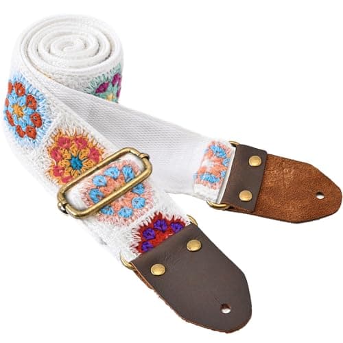 Beige Crochet Flower Guitar Strap for Acoustic, Bass, Electric (2" Wide) — Crochet-white