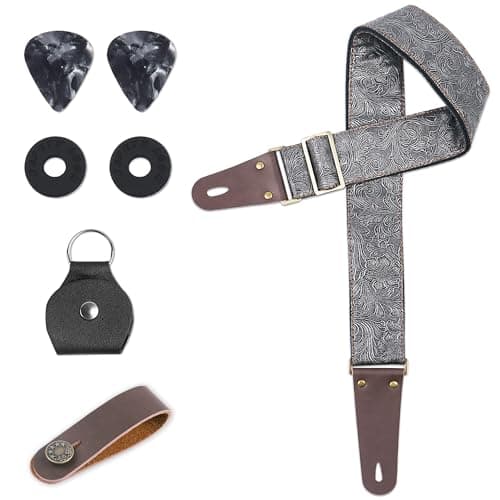 Lizimandu Adjustable Guitar Strap with 2 Locks & 4 Picks - Leather Ends - Suitable for Acoustic & Electric Guitars — 1-carving Silver