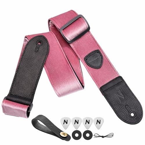 Nefelibata Guitar Strap with Double Leather Ends and Free Bonus - Gift for Bass, Electric, and Acoustic Guitars (Purple) — C#-vintage Cherry Pink