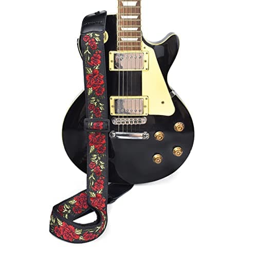 CloudMSUSIC Red Rose Jacquard Embroidered 2" Wide Guitar Strap for All Ages