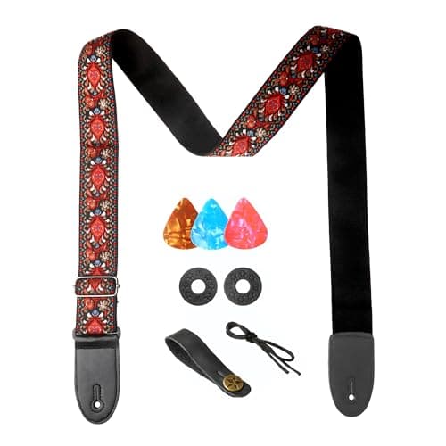 AZOR Vintage Woven Guitar Strap for Acoustic Electric Bass, Adjustable with Leather Ends & Strap Locks — Red Flower