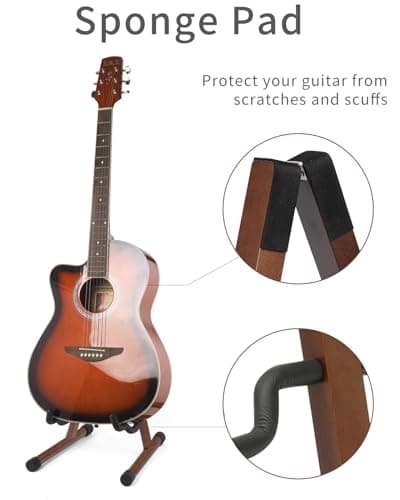 Wood Guitar Stand with Padded Foam – Adjustable for Electric, Bass, Mandolin, Banjo, Ukulele – A-Frame Folding Holder with Guitar Tuner Clip On