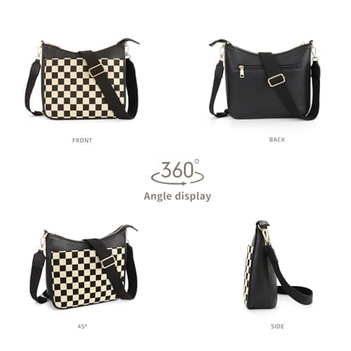 Sunbuti Women's Checkered Quilted Seam Vegan Leather Shoulder Bag with Embroilled Strap
