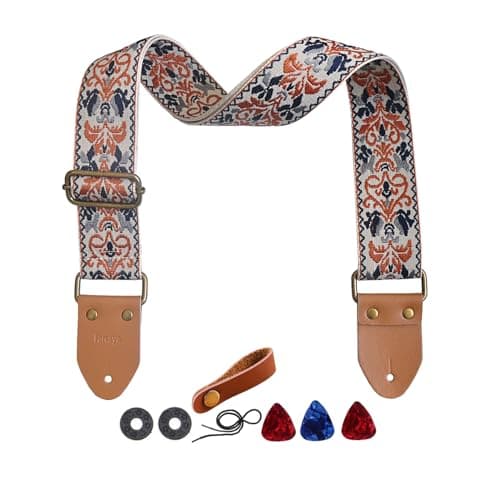 Yellow Flower Jacquard Weave Acoustic Bass Guitar Strap with 2 Locks + 3 Picks — Brown+blue