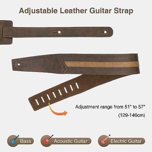 Brown Leather Guitar Strap, 3" Wide Comfortable Foam Padded, Adjustable 51-57", Strap Locks & Picks, for Bass/Electric/A