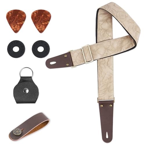 Adjustable Guitar Strap with 2 Locks, 2 Picks, Pick Holder & Leather Button — 1-carved White
