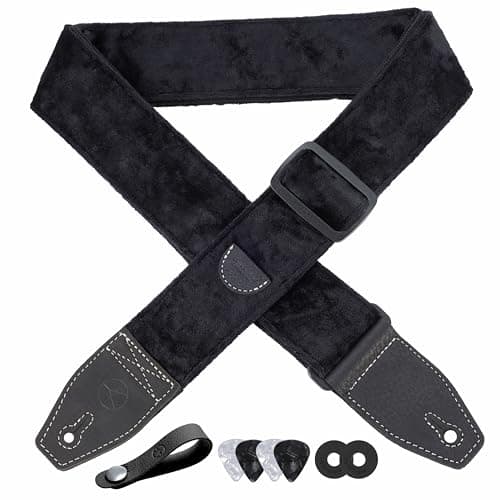 2 Inch Velvet Guitar Strap with Full Grain Leather Ends - Bass, Electric & Acoustic Compatible — Black