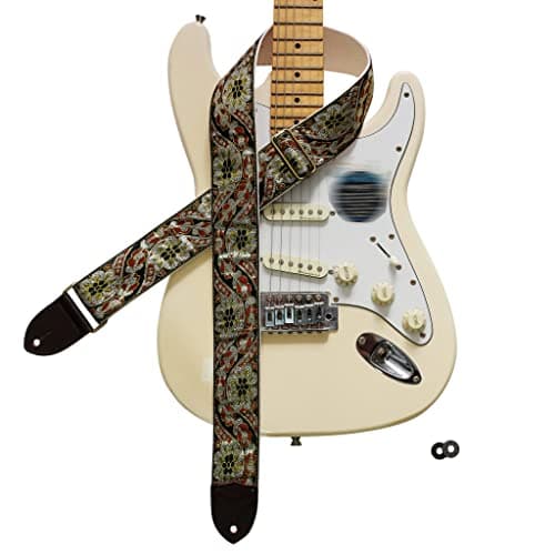 MUSIC FIRST Vintage Style Hand-Made Crochet Flowers Electric Guitar & Bass Strap, 2 Inch Width — Black Gold