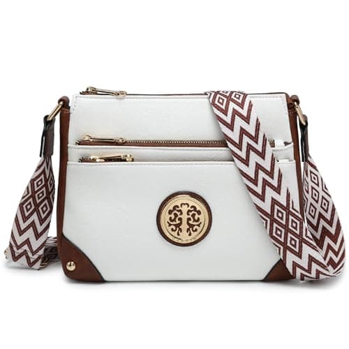 Trendy Dasein Crossbody Purse for Women with Multi Pockets and Guitar Strap — Off White With Brown