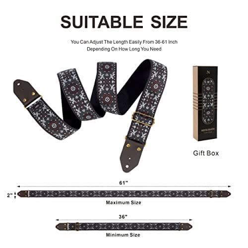 Embroidered Cotton Guitar Strap with Leather Ends - Best Gift for Kids and Guitarists