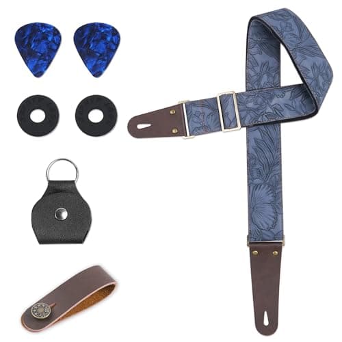 Adjustable Guitar Strap with 2 Locks, 2 Picks, Pick Holder & Leather Button — 1-carved Dark Blue
