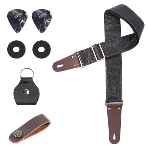 Lizimandu Adjustable Guitar Strap with 2 Locks & 4 Picks - Leather Ends - Suitable for Acoustic & Electric Guitars — 1-carving Black