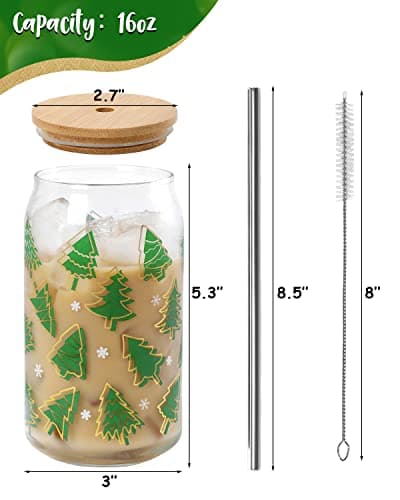 Christmas Cup with Bamboo Lid and Metal Straw 16oz Beer Can Glass - Holiday Party Gifts for Office, Women, Kids, Men