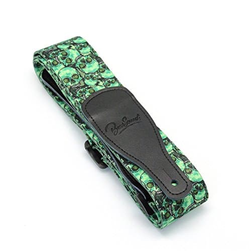 Leather Ends Guitar Strap for Bass, Electric, Acoustic Guitars - Best Gift — Green Skull