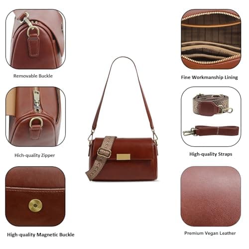 Premium Vegan Leather Shoulder Bag for Women, Detachable 2-Strap Crossbody