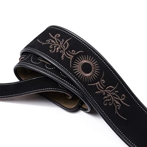 Amumu Black Suede Leather Flower Embroidered Guitar Strap — Sun-flower Embroidered