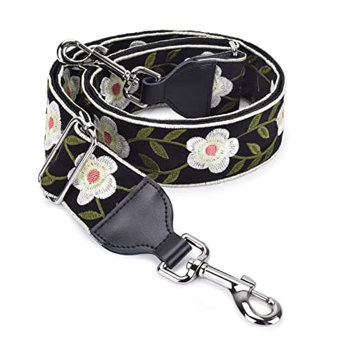 CloudMusic Handbag Crossbody Strap with Silver Clips — White Flowers in Black