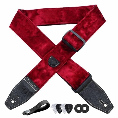 2 Inch Velvet Guitar Strap with Full Grain Leather Ends - Bass, Electric & Acoustic Compatible
