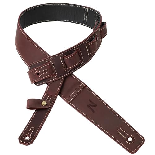 Vintage Burgundy Leather Guitar Strap with Foam Padding and Cable Storage Loops