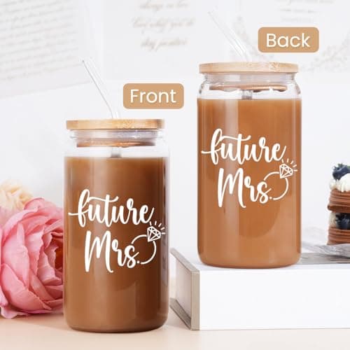 Future Mrs Glass Coffee Cup with Bamboo Lid and Straw - Bridal Shower Gift for Bride-to-be