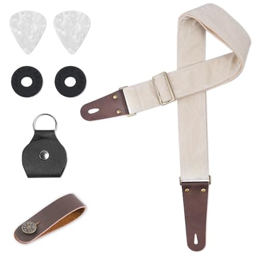 Hennaja Adjustable Guitar Strap with 2 Locks, 2 Picks & 1 Picks Holder — 1-silk White