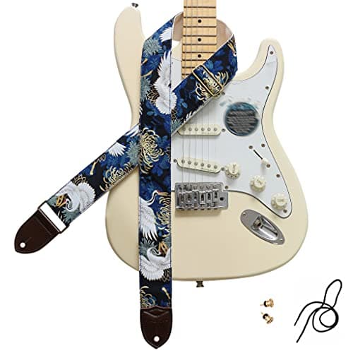 MUSIC FIRST Vintage Style Hand-Made Crochet Flowers Electric Guitar & Bass Strap, 2 Inch Width — Chrysanthemum & Crane in Blue