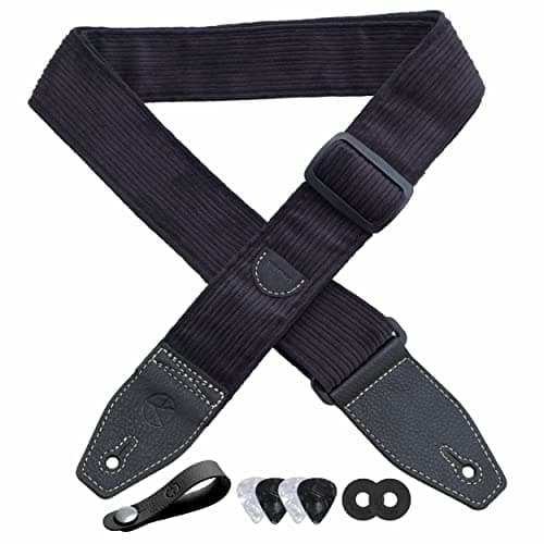 Floral Cotton Guitar Strap 2" Full Grain Leather Ends, Bass/Electric/Acoustic, Free Button & Picks — Black